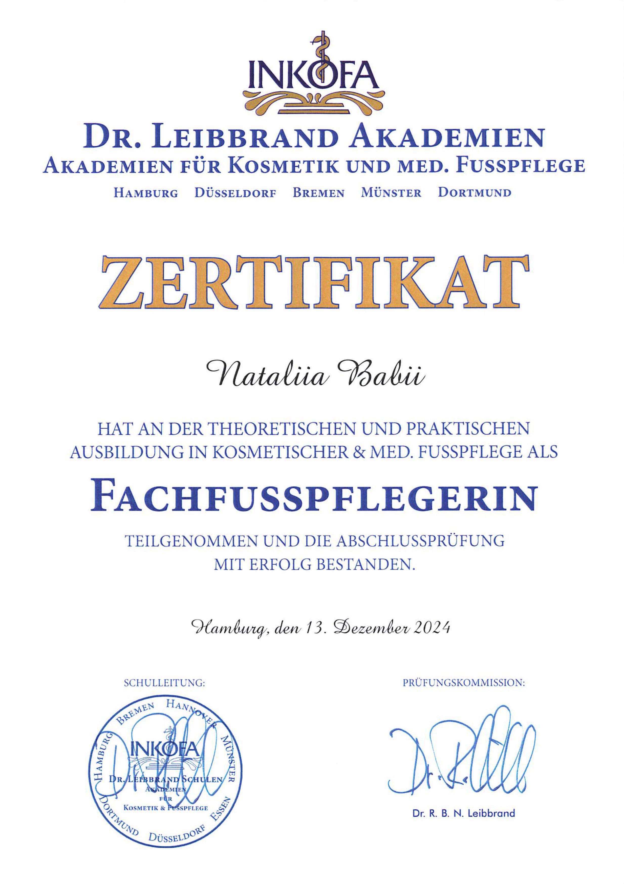 Zertifikat INKOFA dr. Leibbrand Akademie – Seite 1