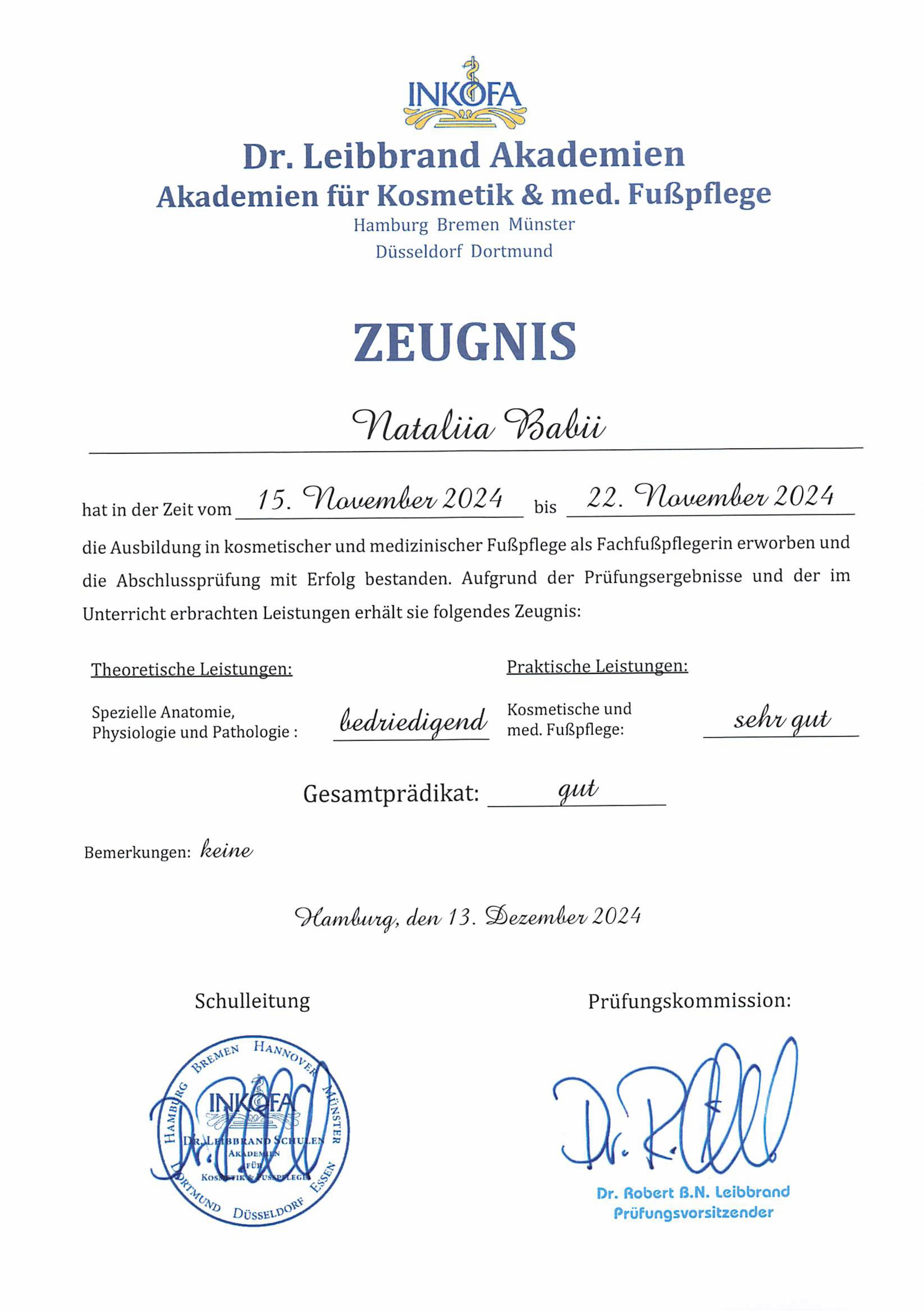 Zertifikat INKOFA dr. Leibbrand Akademie – Seite 2